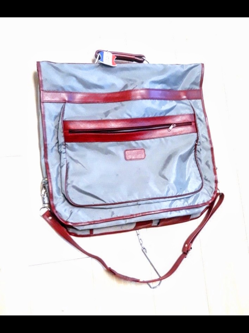 Vintage Collectible Gray and Burgundy American Travel Garment Bag Shoulder Strap